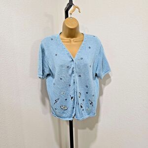Vtg Blue Embroidered Cardigan Sweater Womens Lg Cottage Linen Blend Short Sleeve